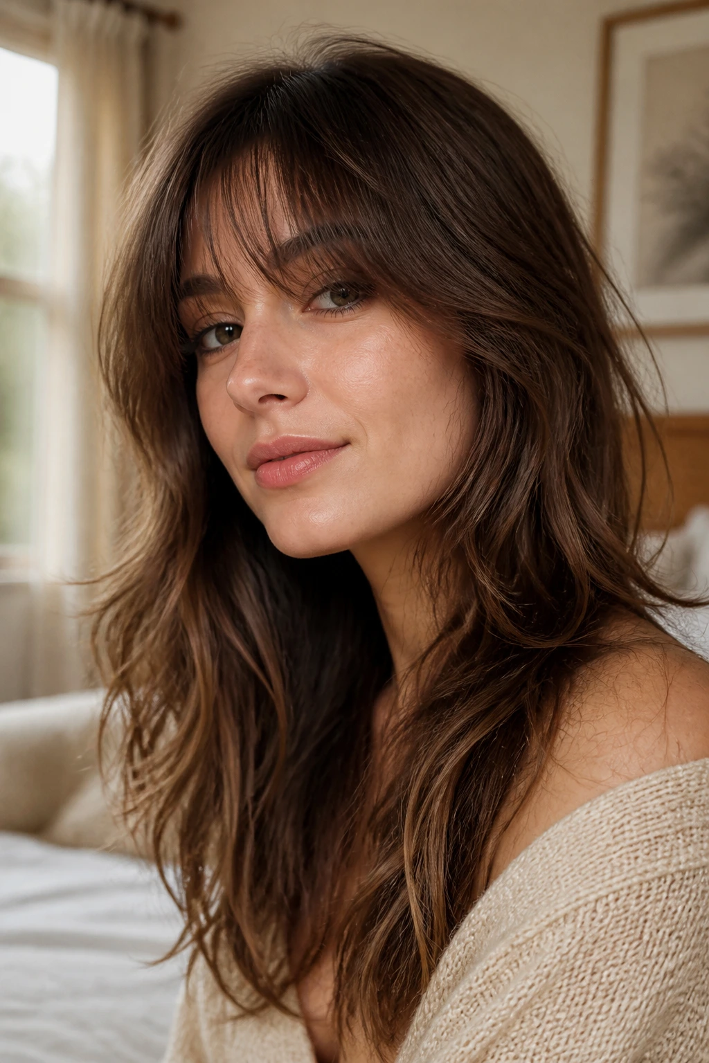 Close-up of a real woman with wispy layers and airy fringe in a cozy bedroom