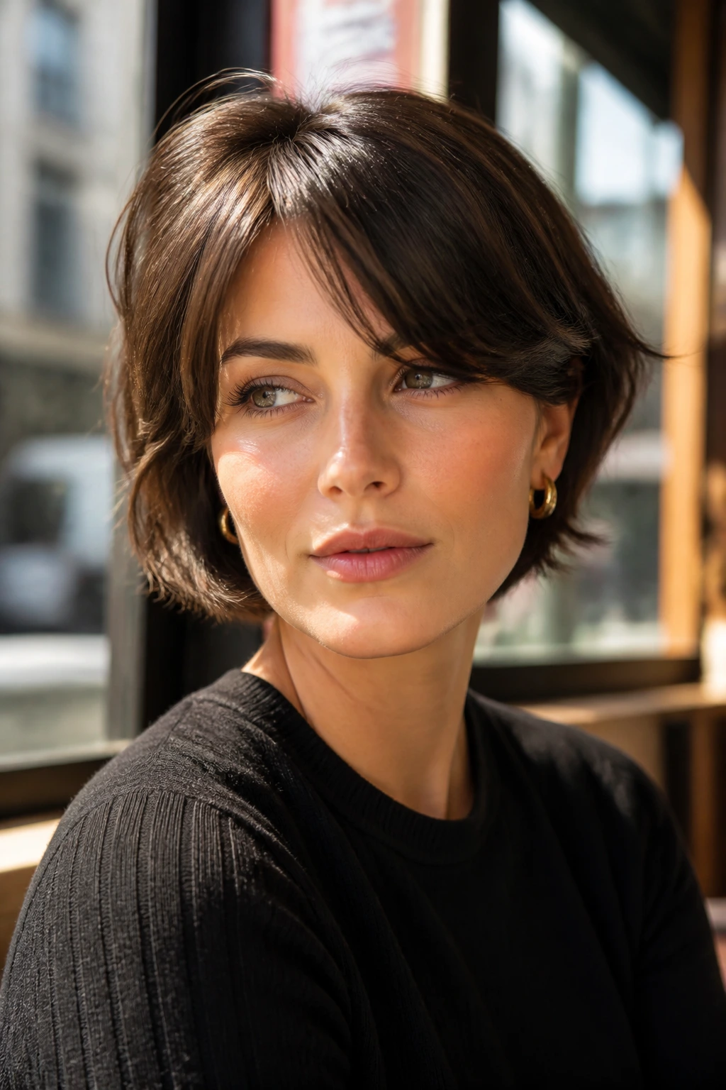 Medium close-up portrait showing hybrid curtain side bang in natural cafe light