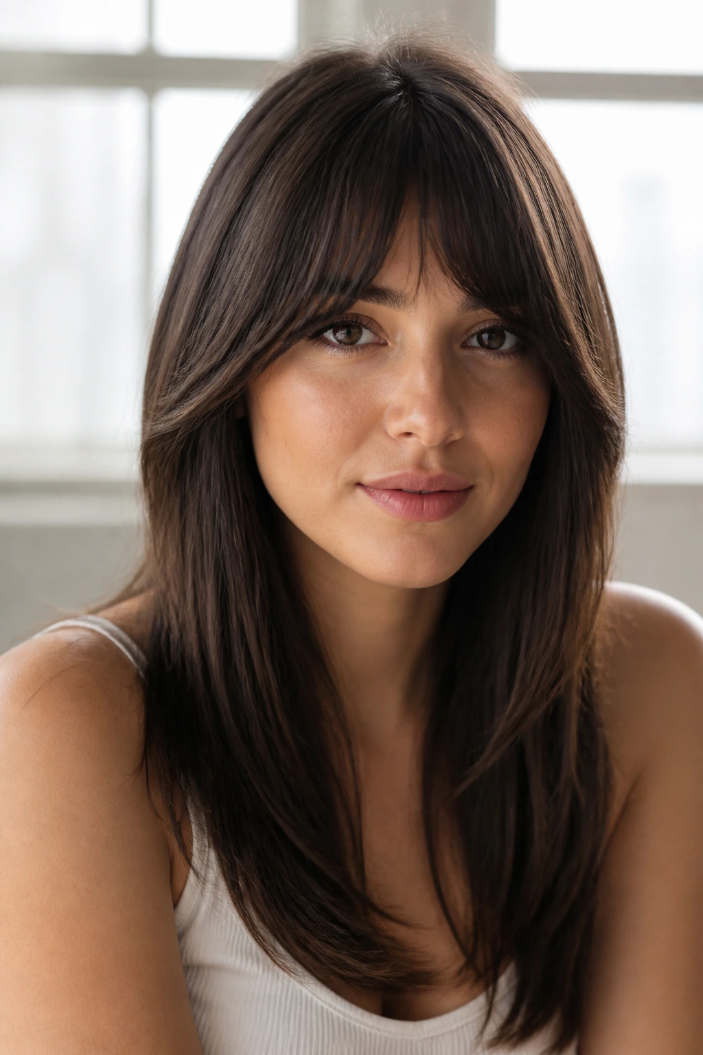 Close-up portrait of a real woman with a hybrid fringe blending into layered front frame