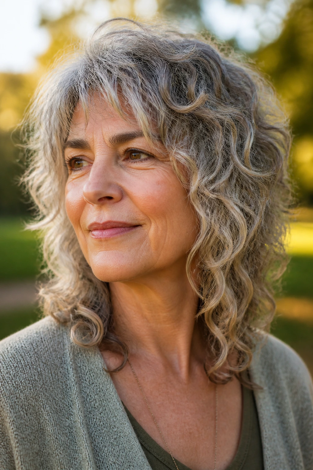 Portrait of a real woman with mixed wave and curl texture in a hybrid shag