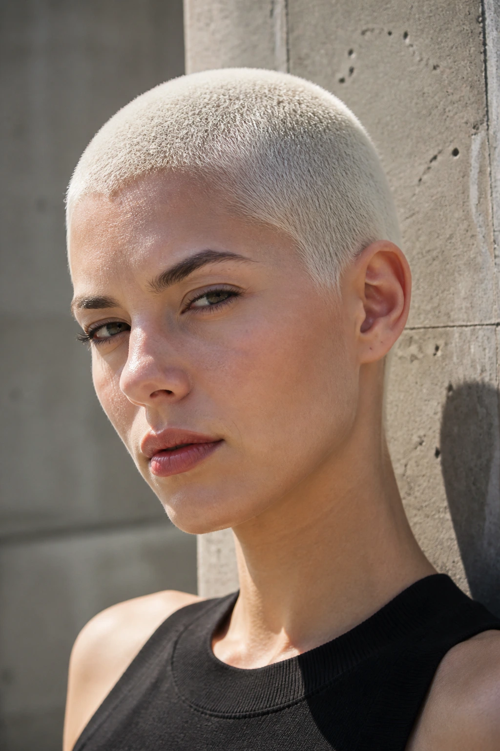 Close-up of a real person with an ice blonde buzz cut in daylight