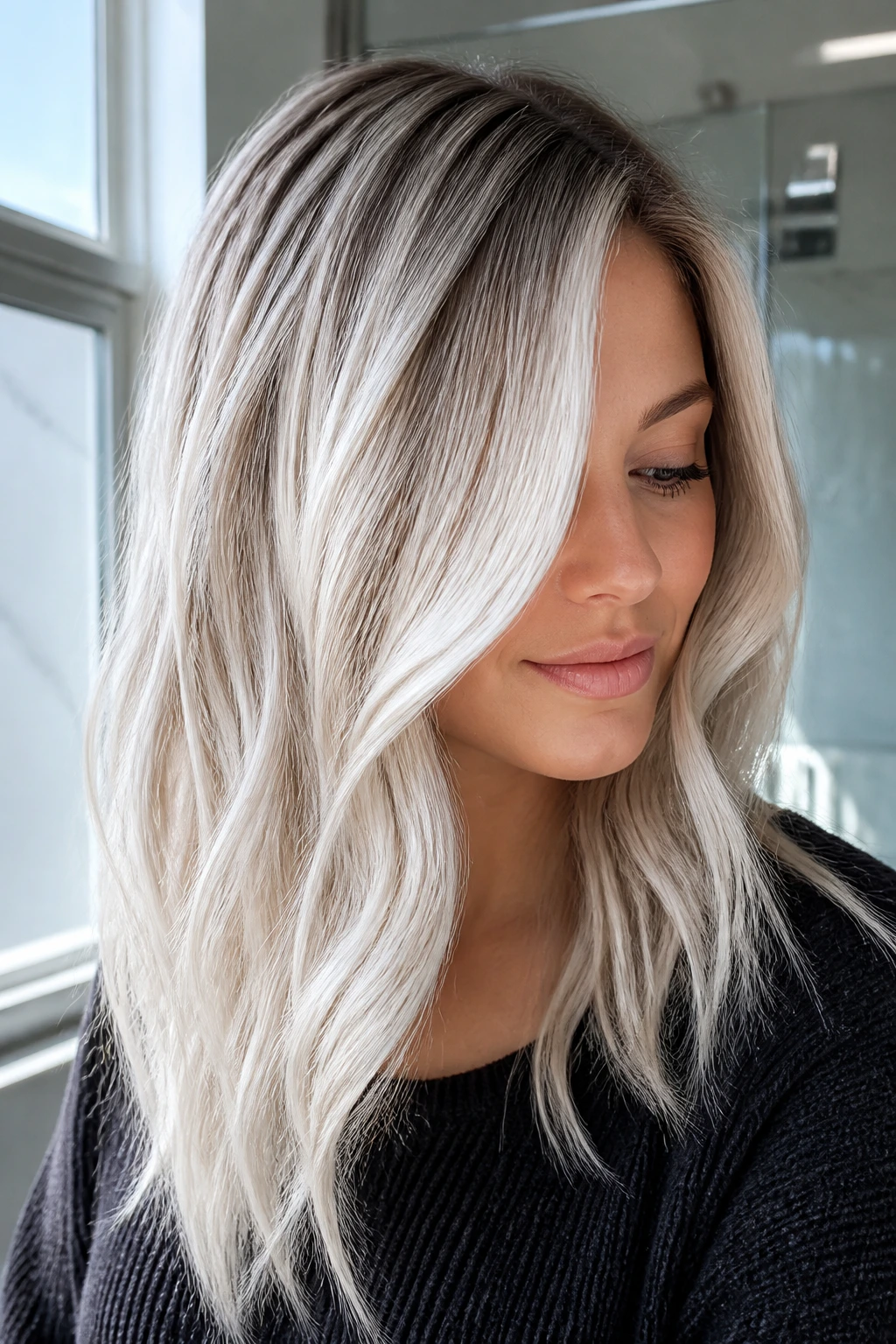 Close-up portrait of a real woman with ice blonde dimension balayage showing depth and cool tones.