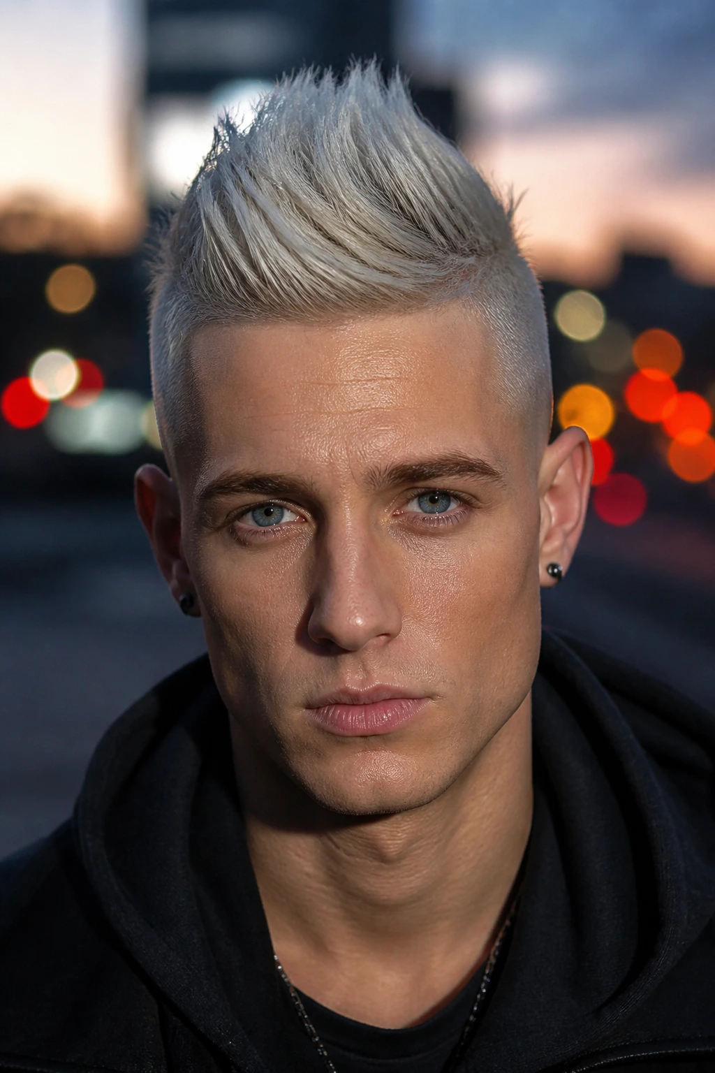 Close-up of a man with an ice-blonde faux hawk on an urban street