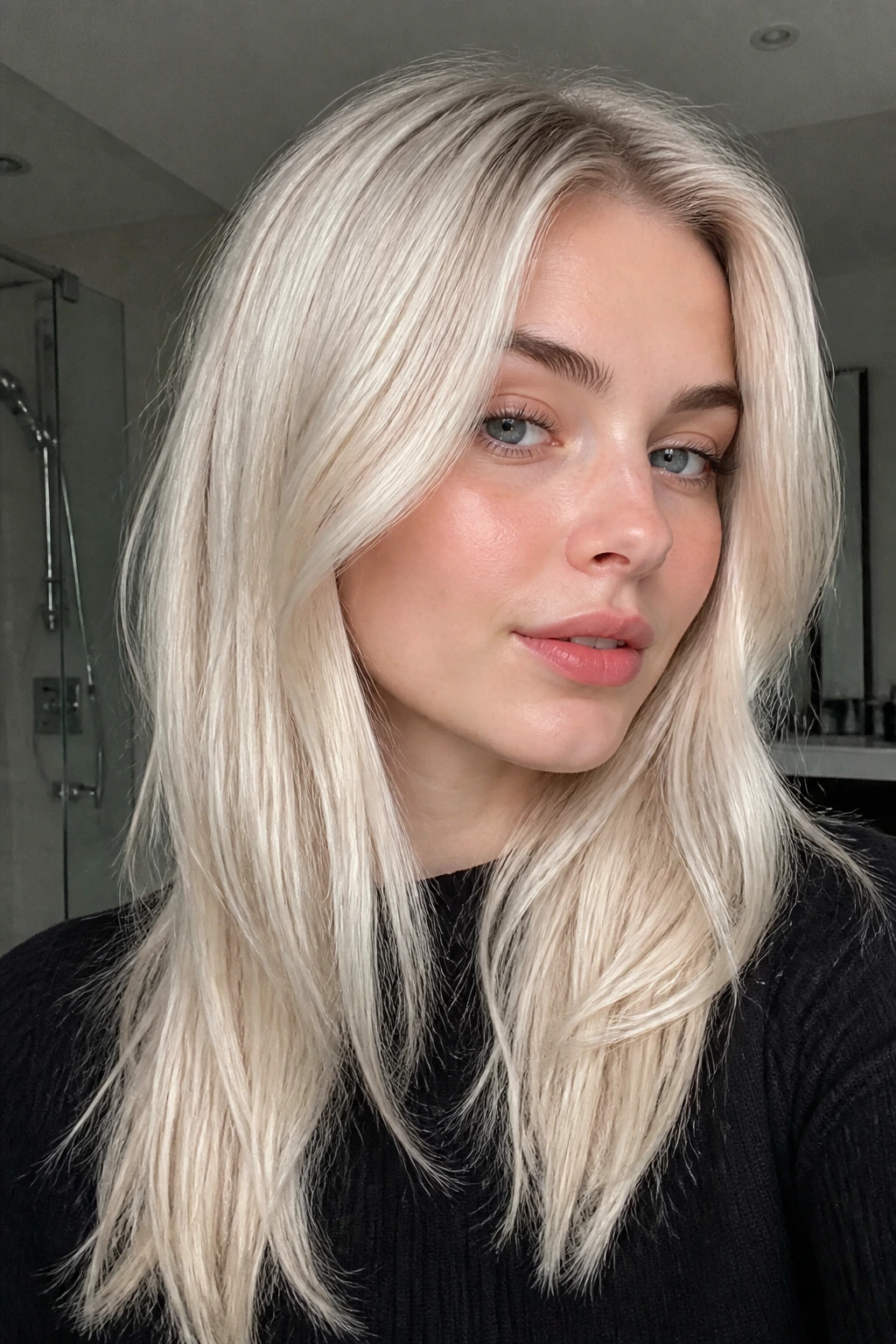 Close-up of icy blonde hair with cool ash tones after toner