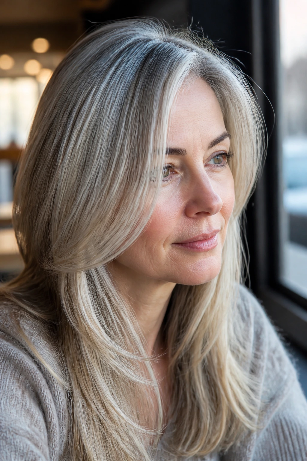 Close-up of a woman with ultra-fine ice-blonde micro-lights on an ash-brown base.