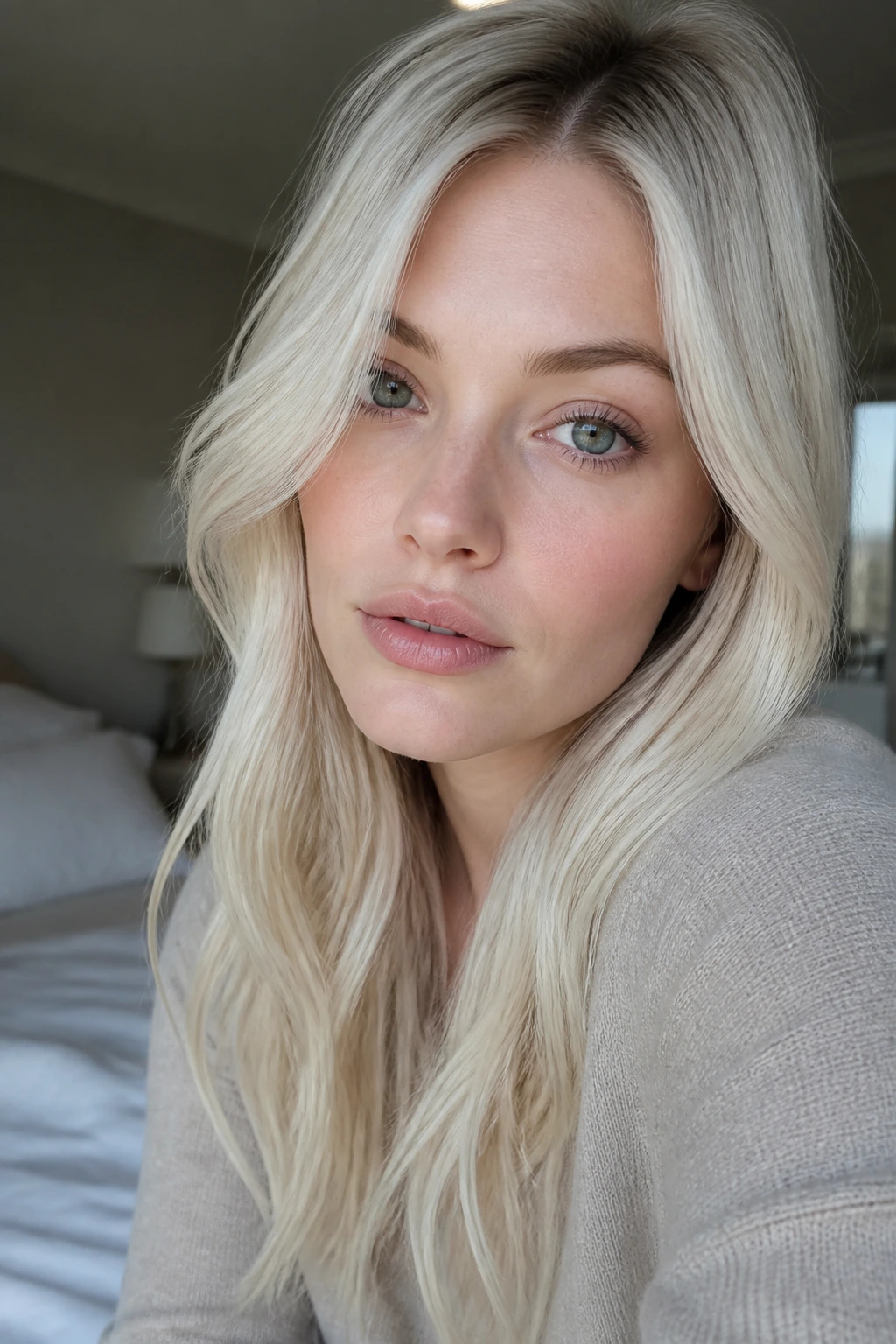 Close-up portrait of pale-skinned woman with ice blonde hair and subtle root dimension.