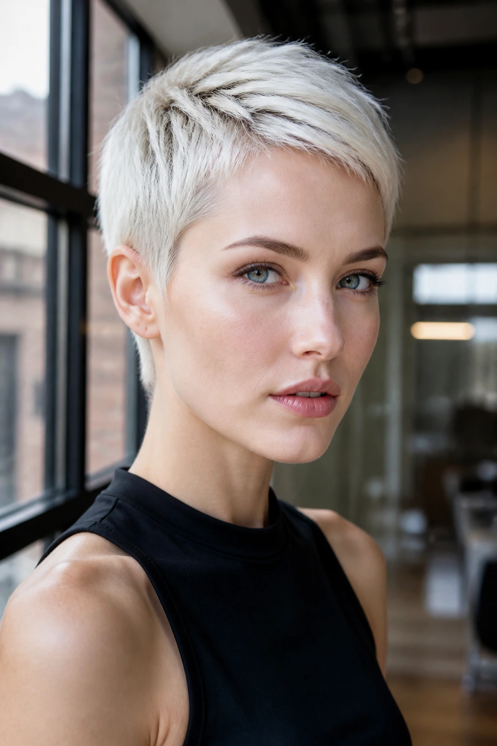 Close-up portrait of a real woman with ice blonde pixie cut
