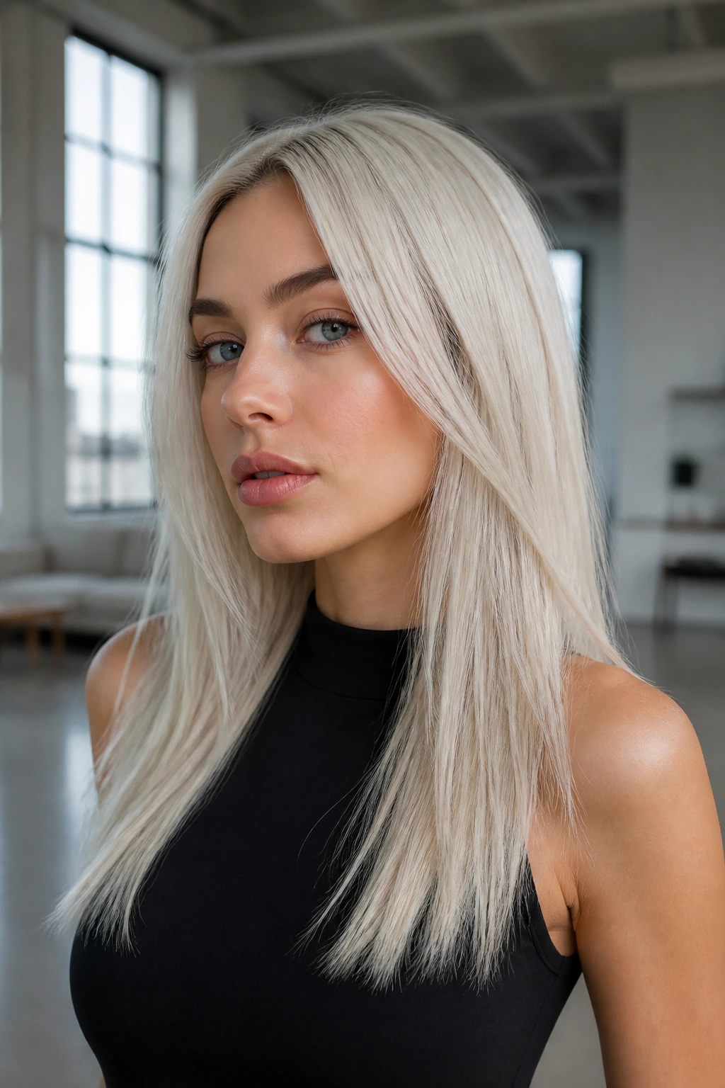 Portrait of a real woman with icy silver blonde hair in a cool-toned setting