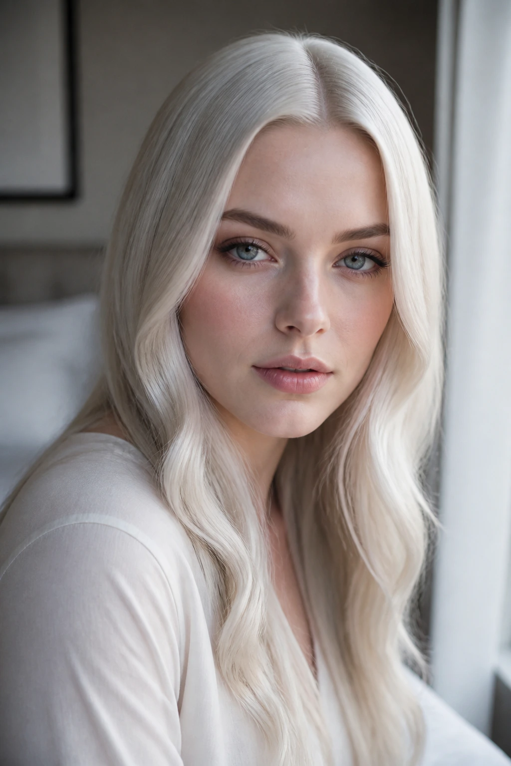 Portrait of a pale-skinned person with ice blonde hair and soft makeup