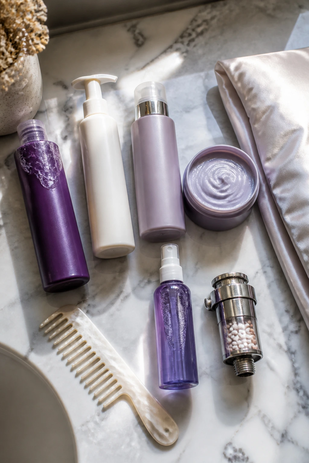 Still life of ice blonde hair care products on a bathroom counter