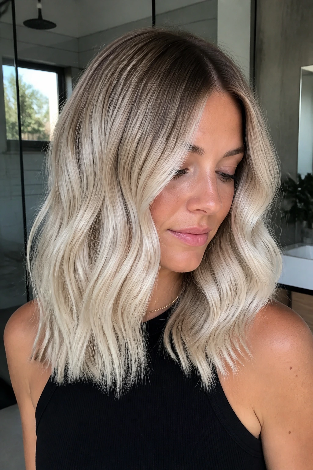 Portrait of a woman showing rooted ice blonde with clean contrast on medium waves