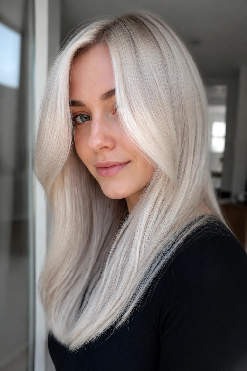 Portrait of a person with glossy ice blonde hair by a window