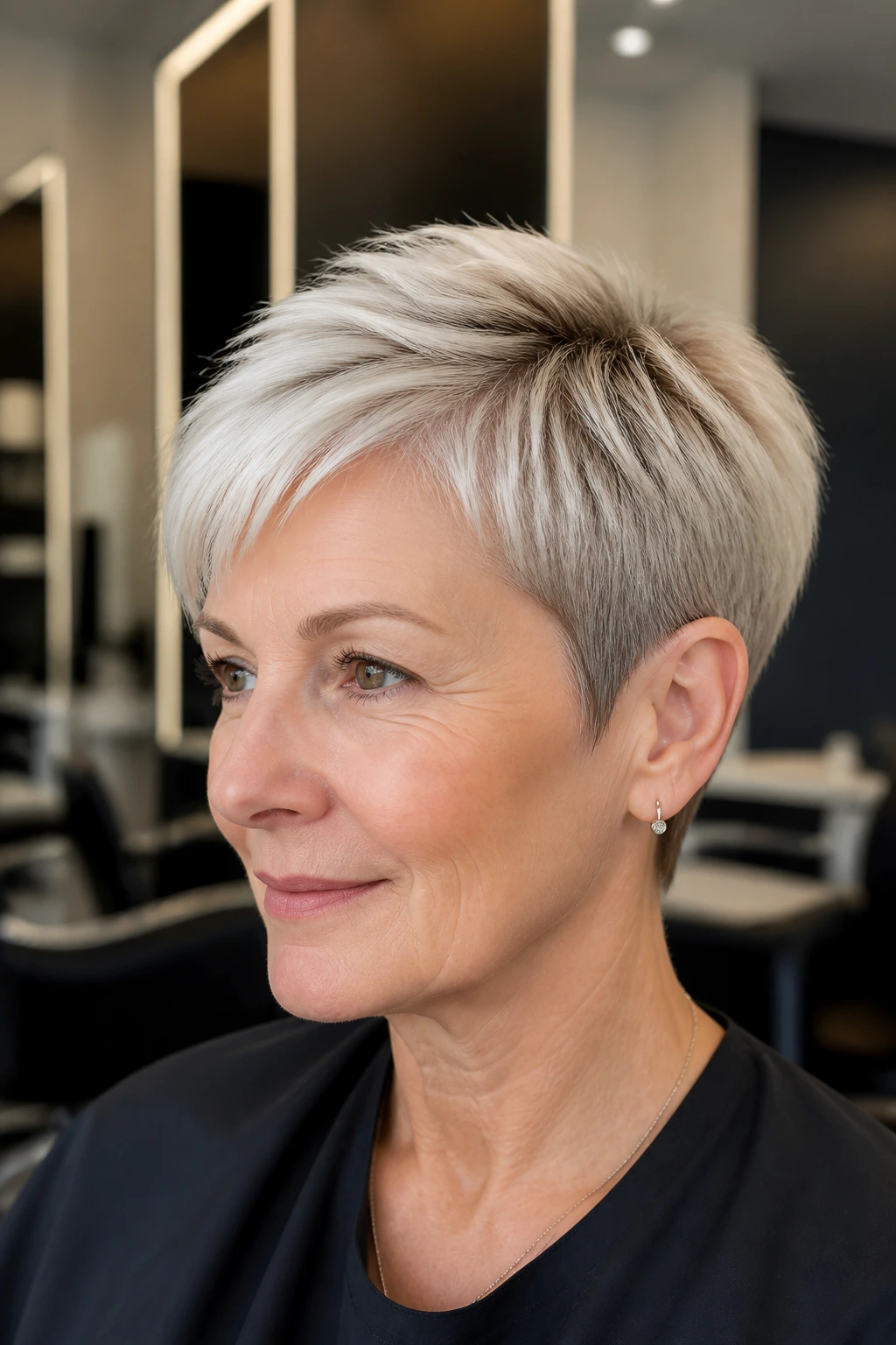Portrait of a person with a sleek crop and cool-cream ice blonde with root smudge