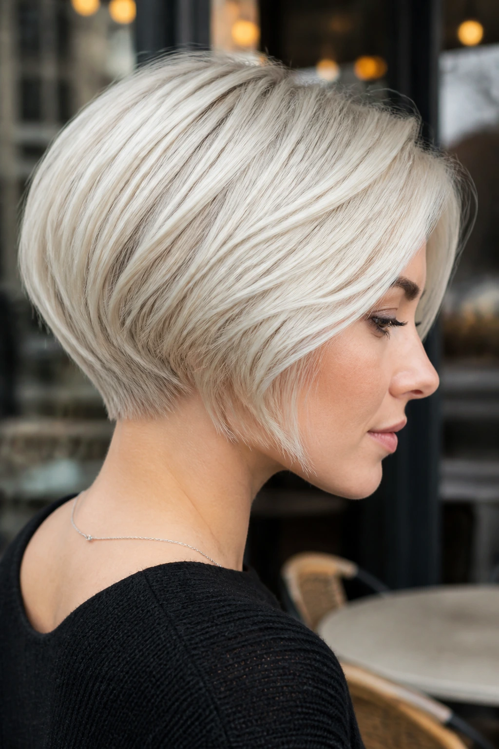 Close-up of a woman with ice blonde stacked bob in urban daylight setting