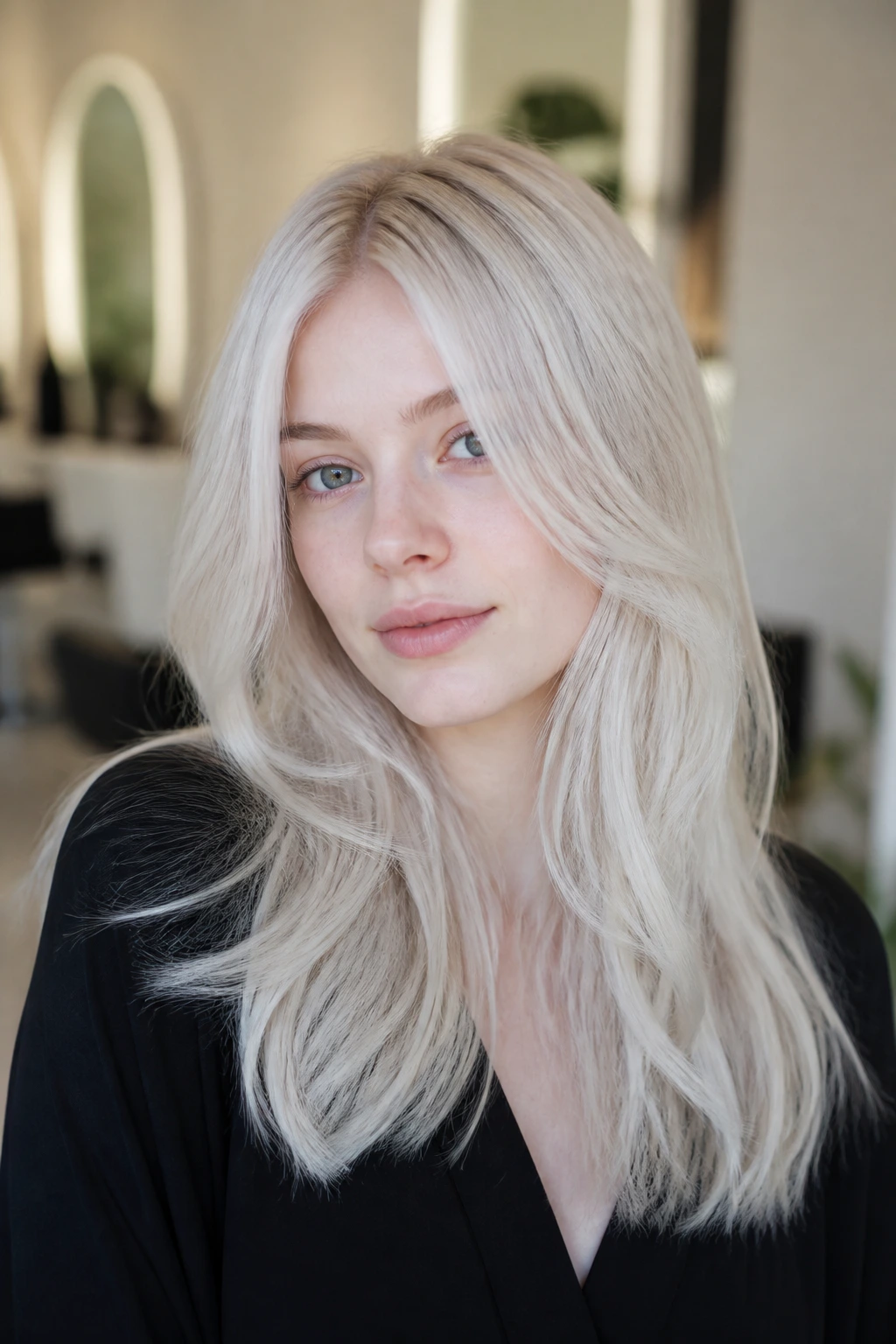 Portrait of a person with ice blonde hair and pale skin in soft daylight