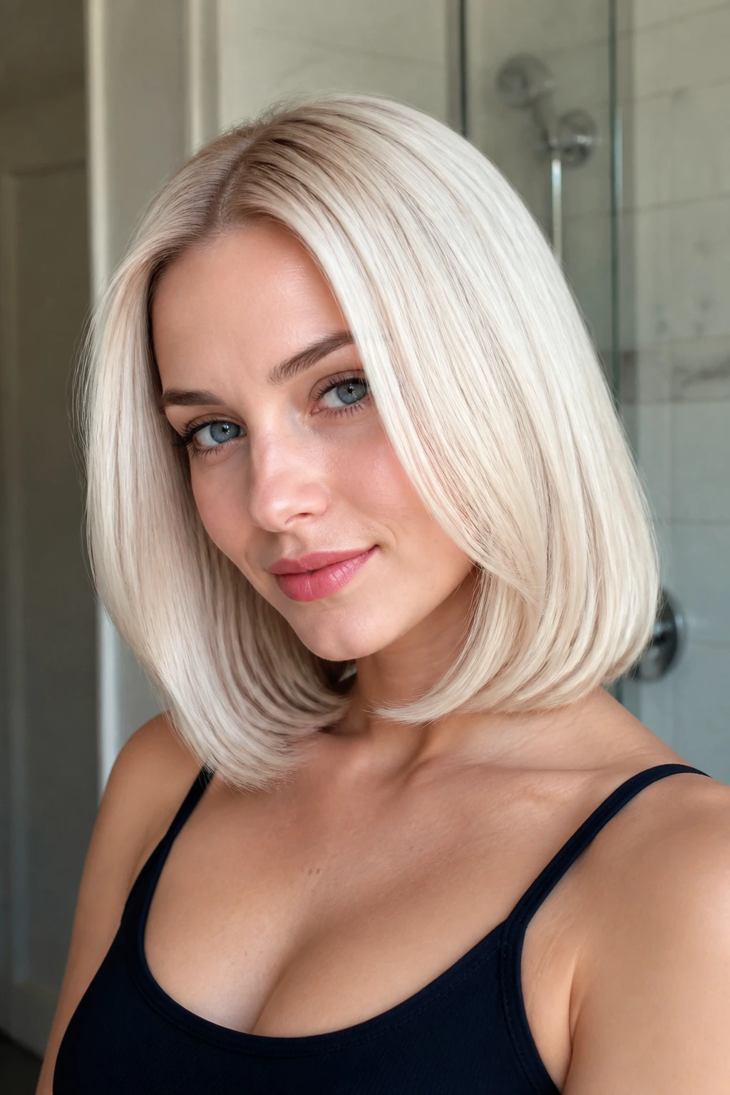 Portrait of a woman with icy platinum blonde hair and tucked-under ends