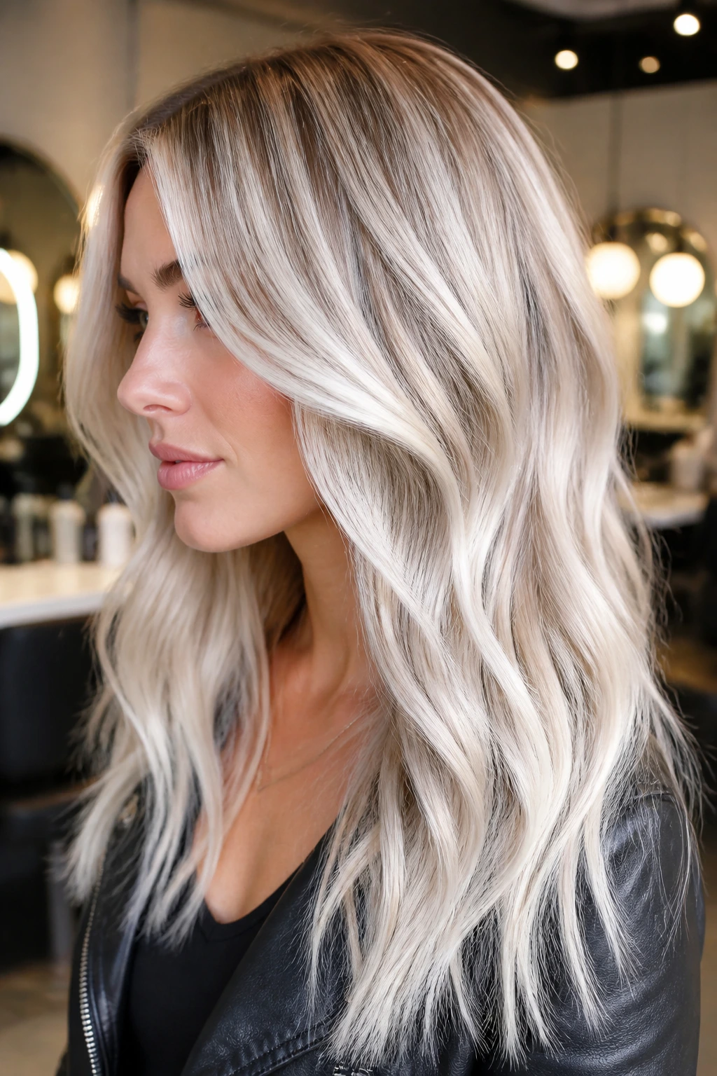 Close-up of a real woman with ice-glow champagne balayage in a bright styling space.