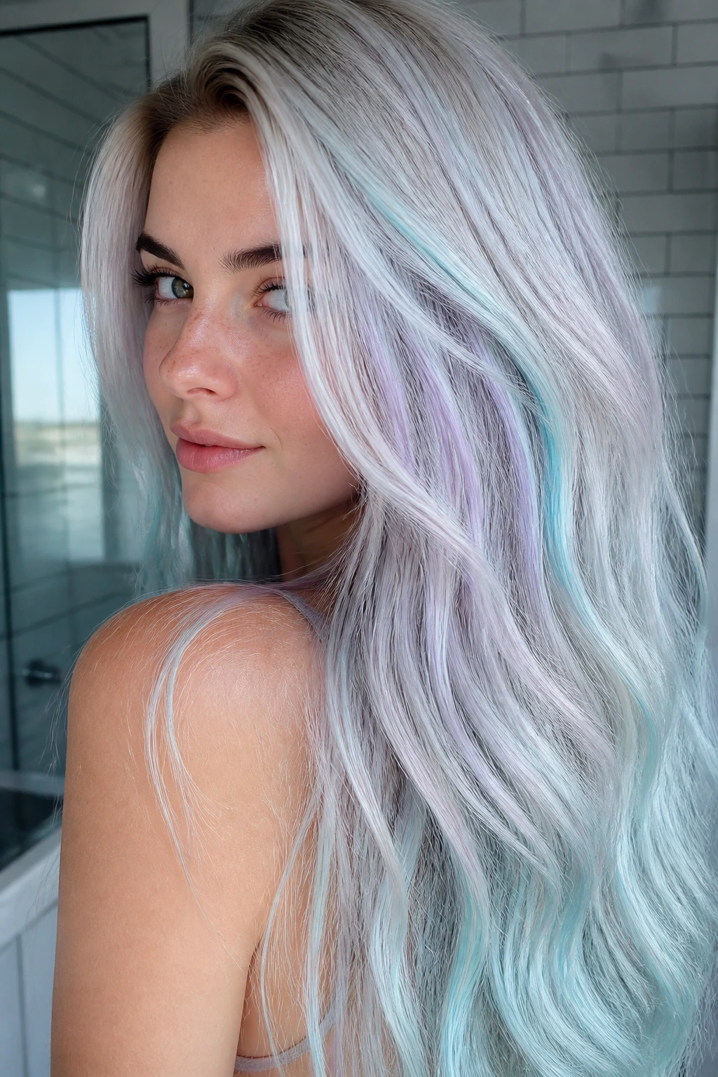 Close-up of a real woman with long platinum hair and aqua lavender undertones in soft shadows