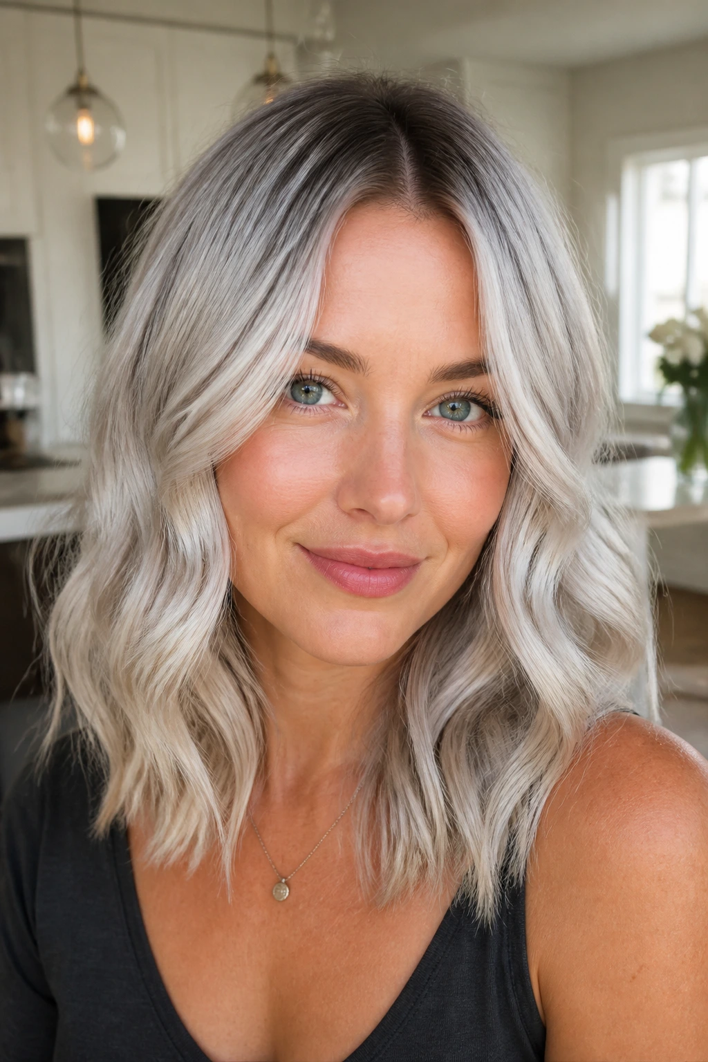 Portrait of a real person with ice pearl hair and shadow roots.