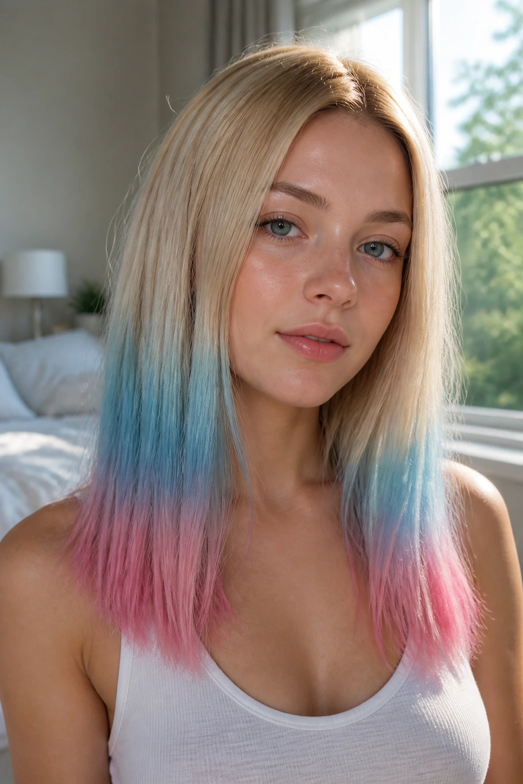 Close-up of a real woman with ice pop dip dye ends on straight hair, warm window light.