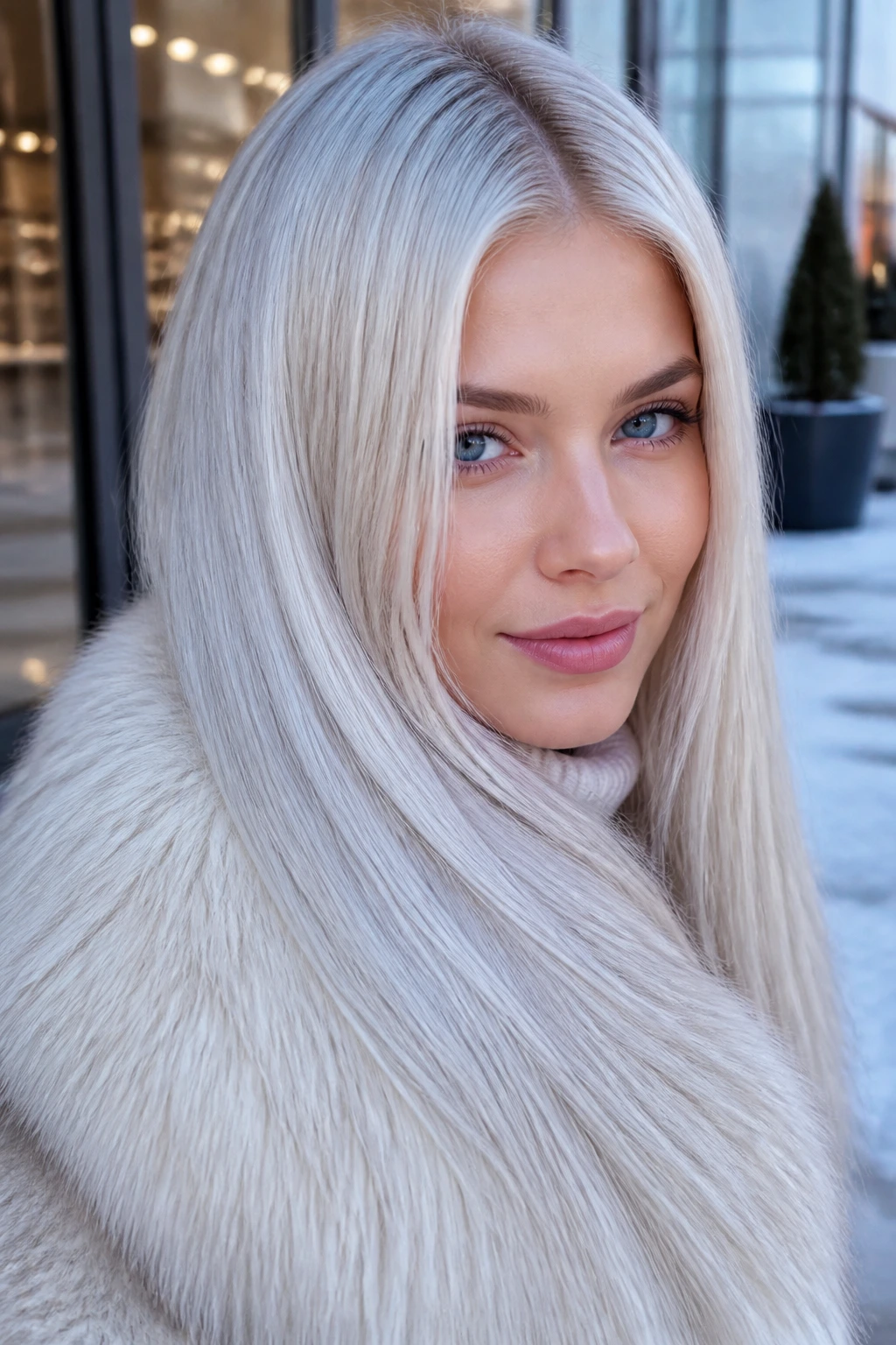 Real woman with ice queen pale silvery blonde hair outdoors in winter daylight