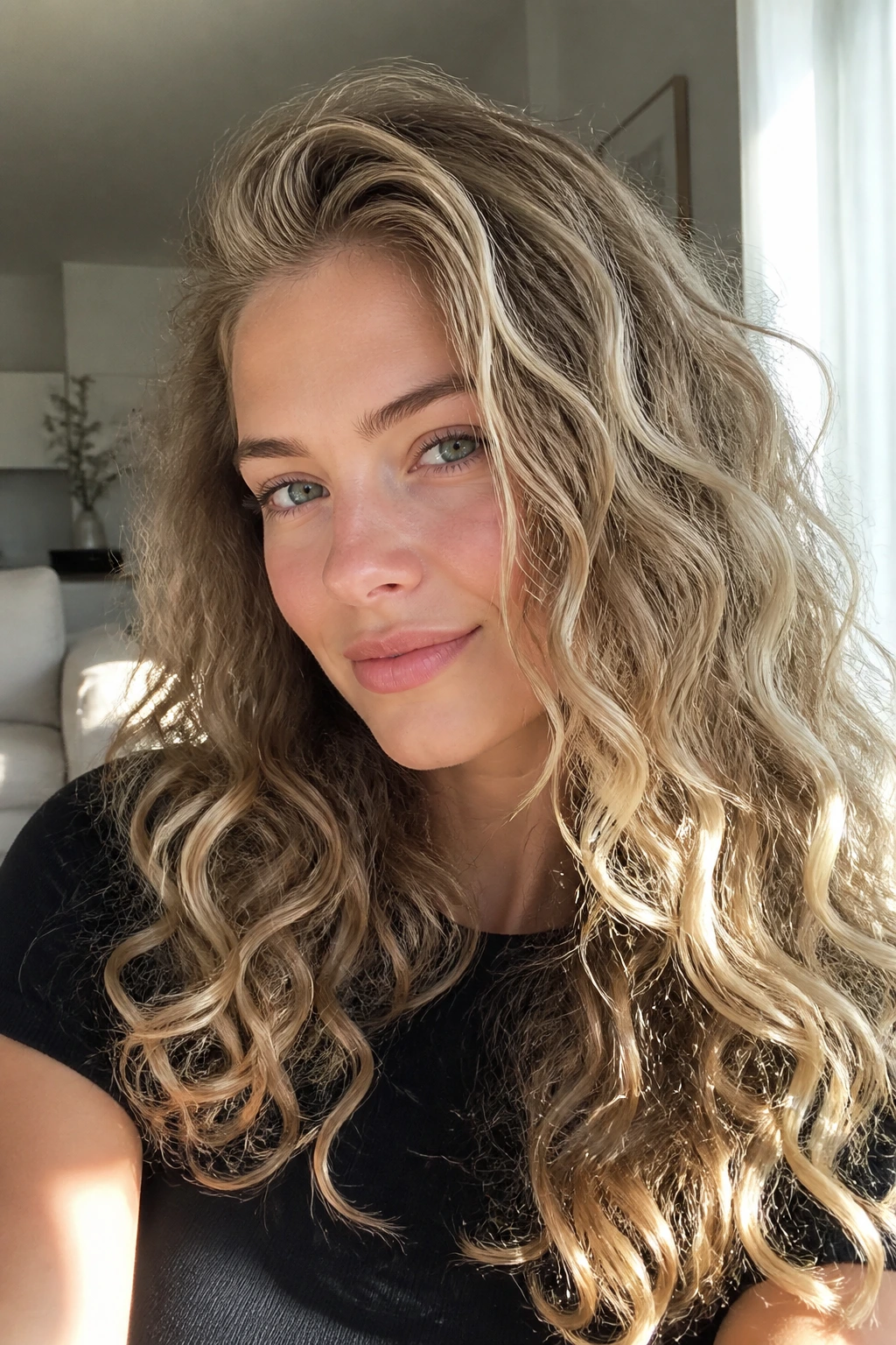 Close-up of a real woman with long curls displaying tiny pale babylights