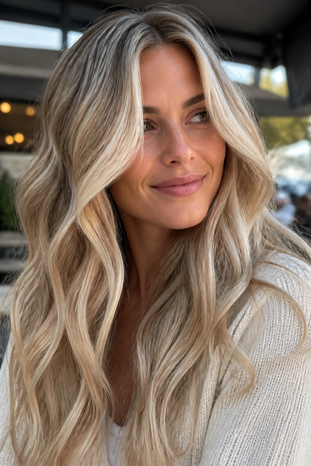 Close-up portrait of ice-toast blonde hair in waves with natural daylight.