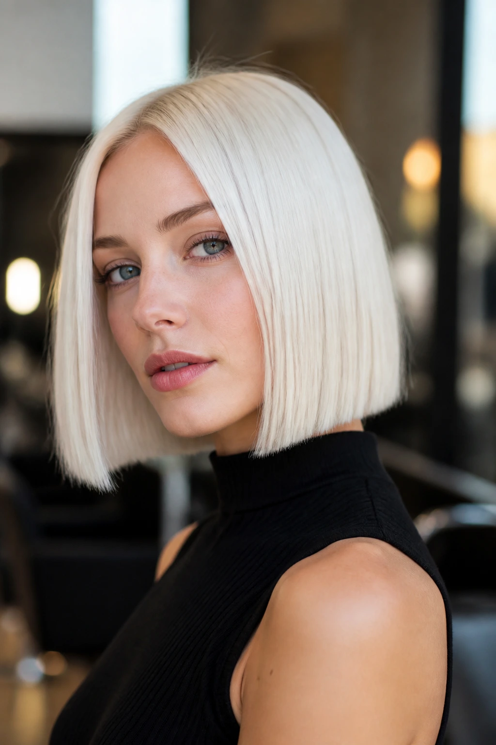 Close-up of real person with ice-white platinum blunt bob