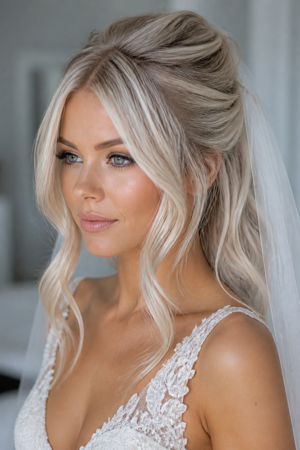 Bride with iced beige blonde hair in cool beige tones.