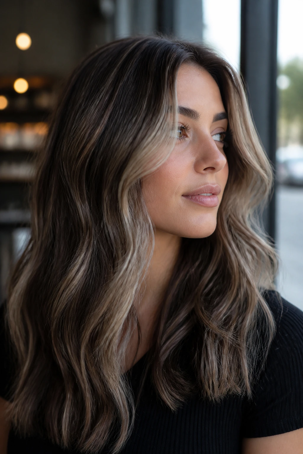 Close-up of a real woman with iced brown balayage and ash tones