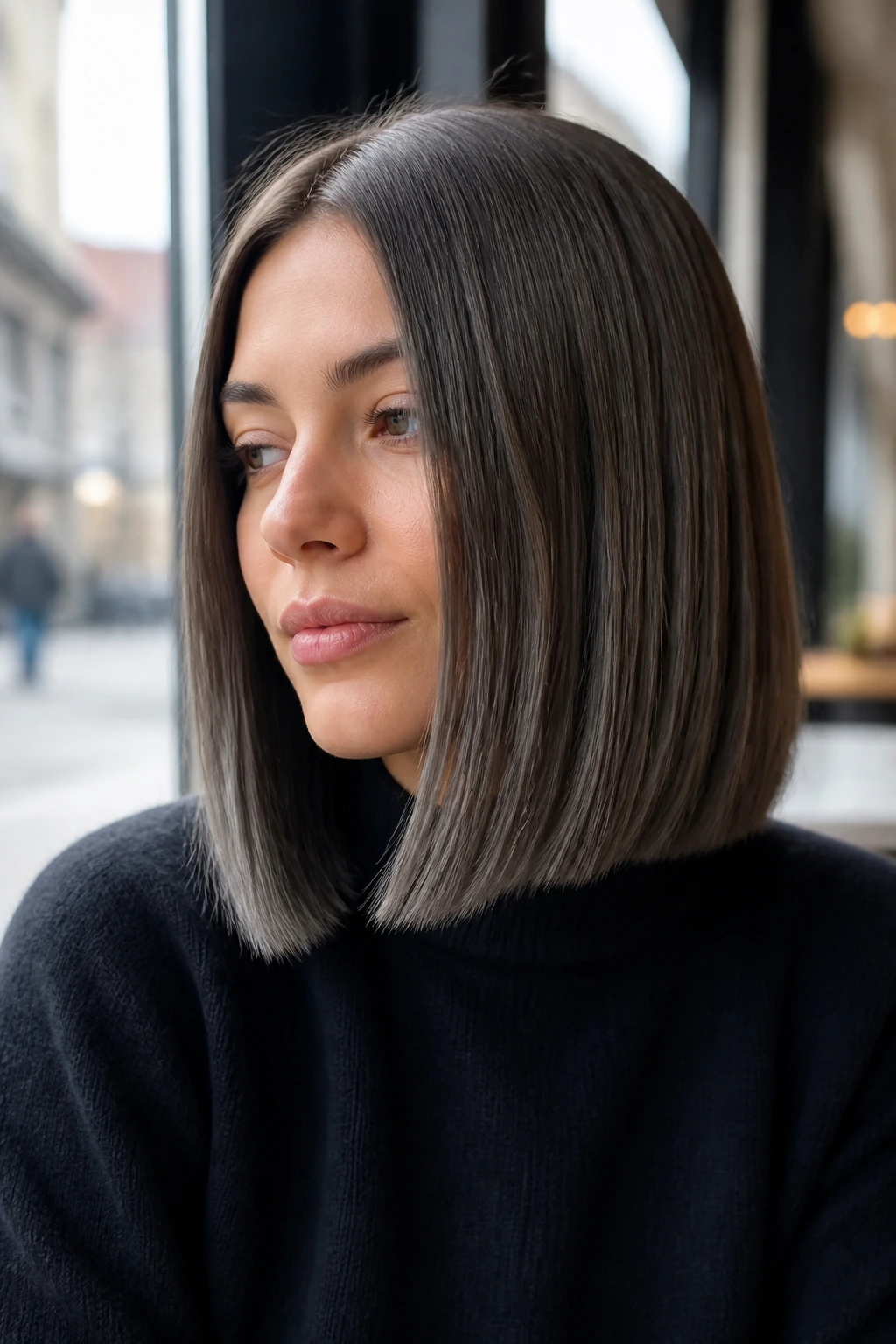 Close-up of a real woman with iced brunette ash-toned hair in natural daylight.
