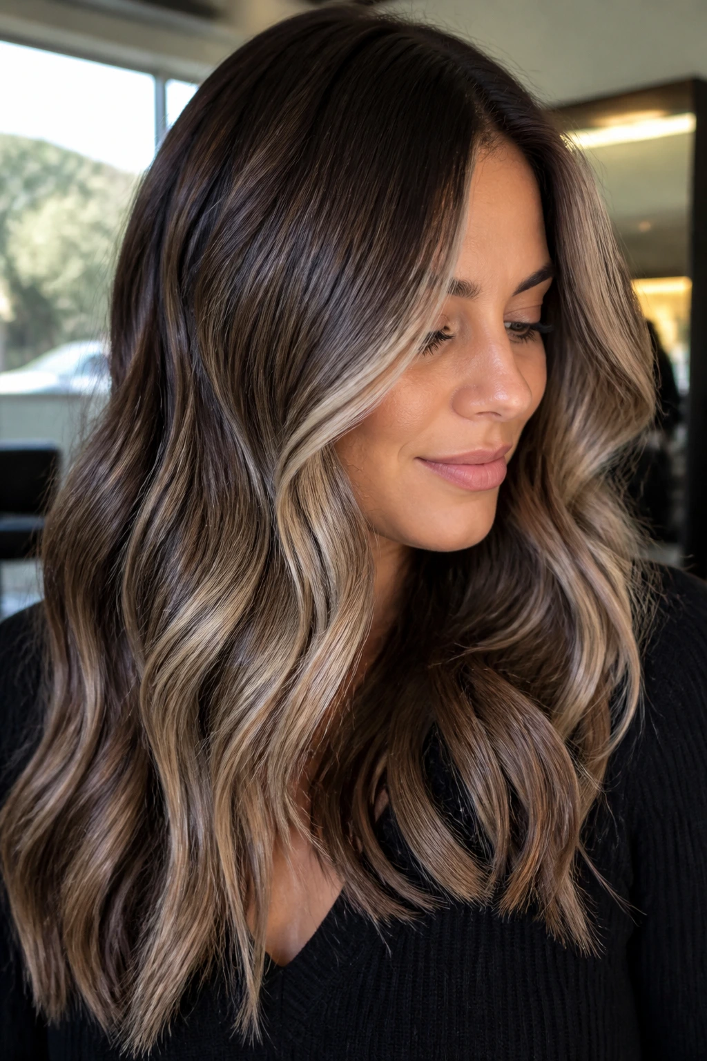 Close-up portrait of a real woman with Iced Cocoa Balayage featuring a cocoa base and ash-beige ribbons around the face