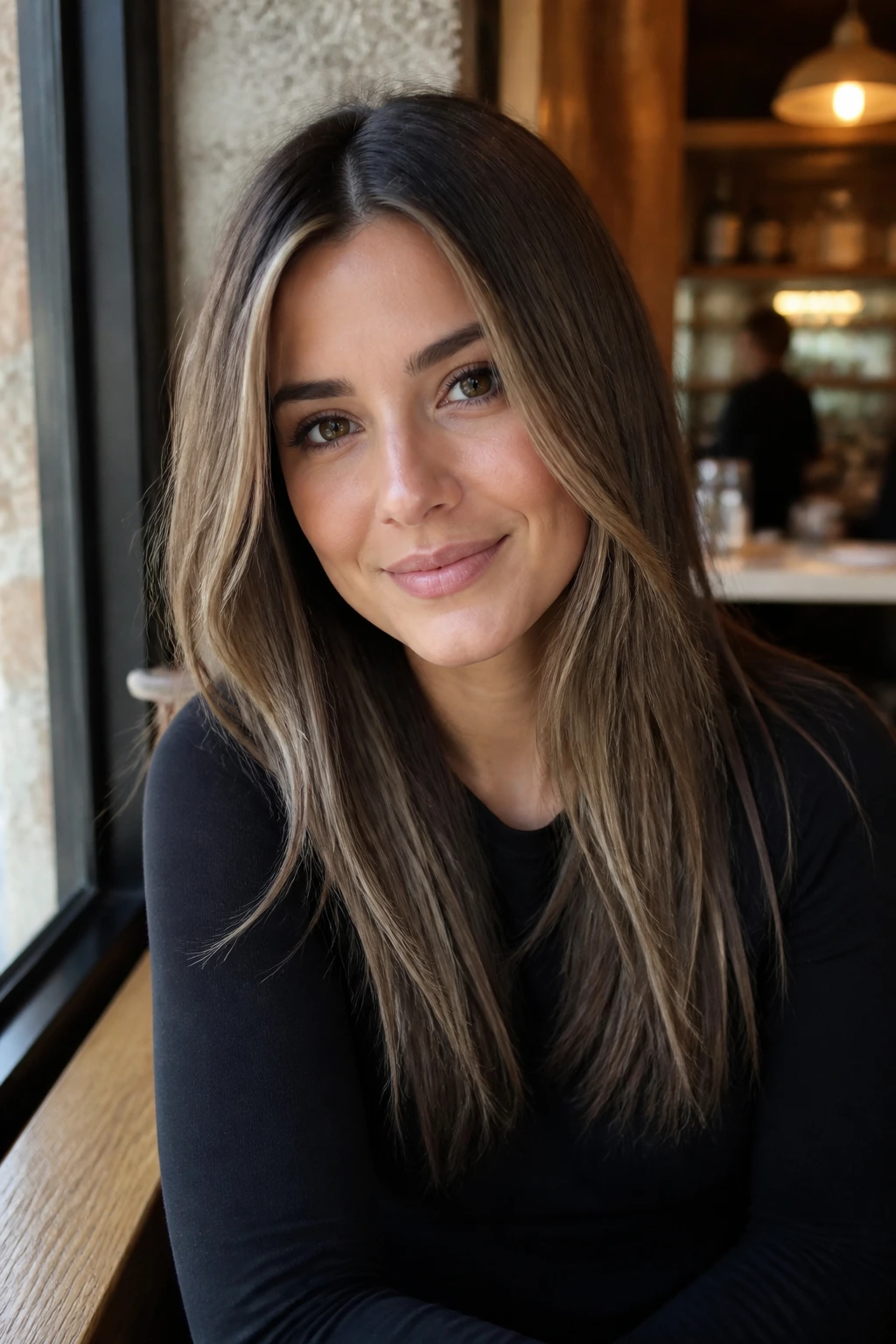 Close-up portrait of a real woman with iced coffee brunette hair and face-framing lighter pieces in cafe light.
