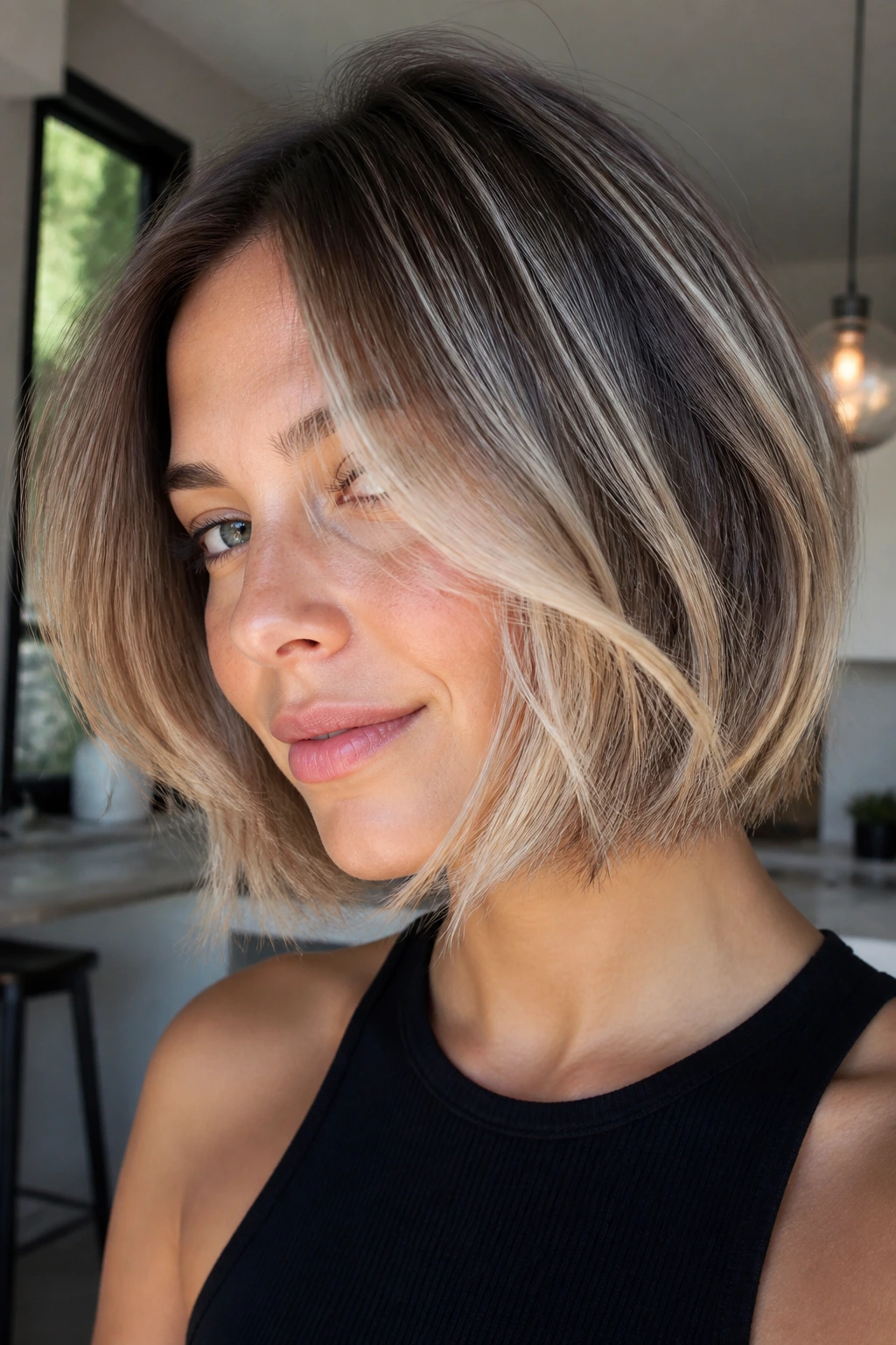 Close-up portrait of a real person with iced latte balayage bob