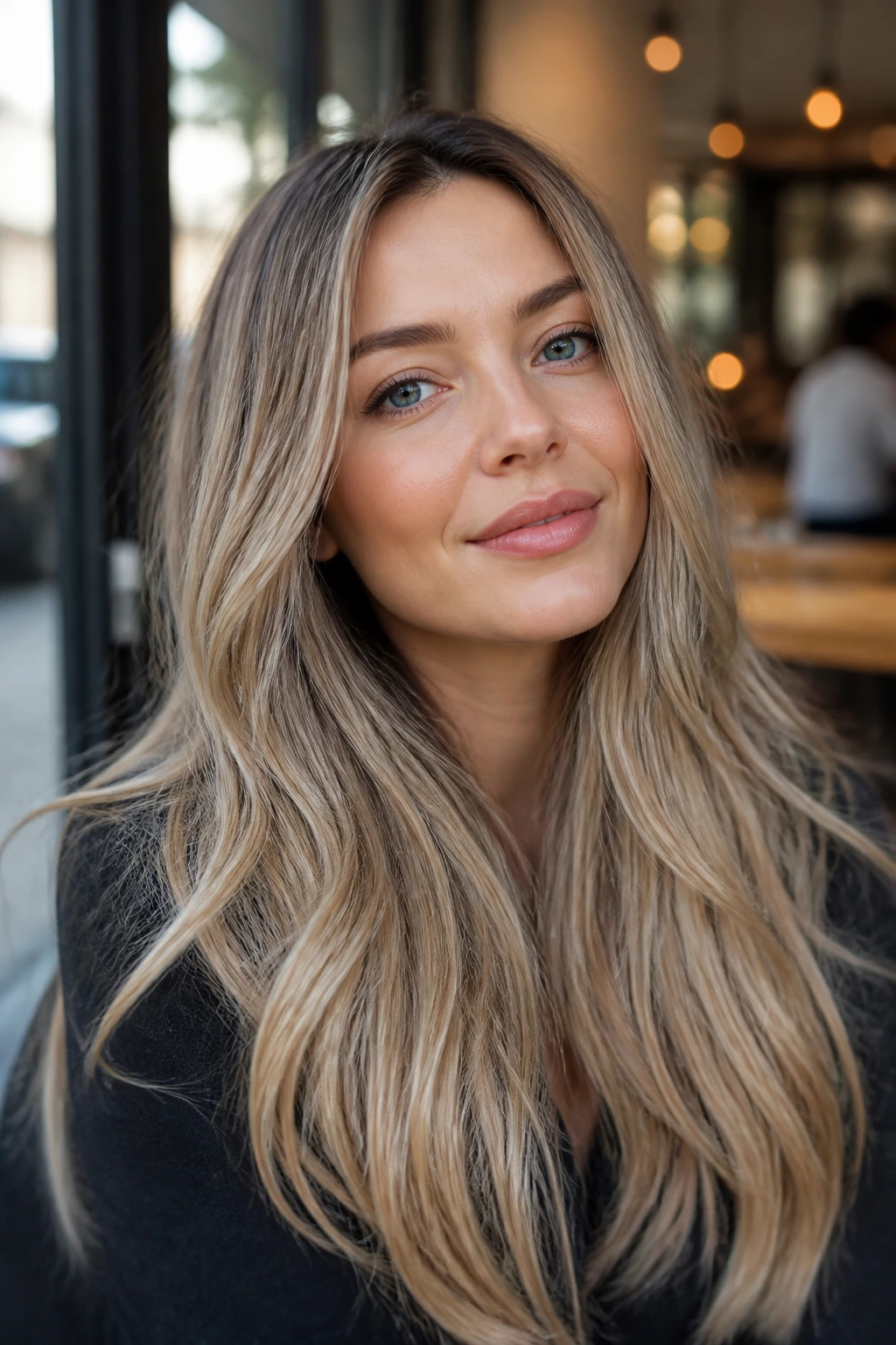 Close-up of a real woman with Iced Latte Blonde long hair