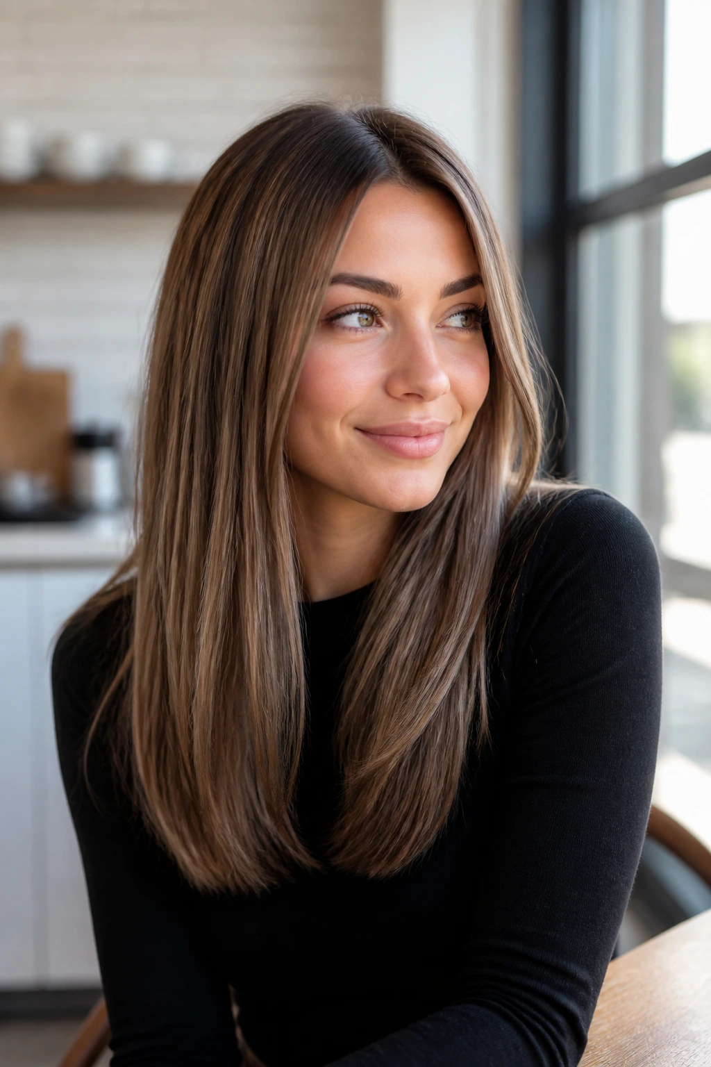Close-up portrait of a real woman with iced latte brunette hair, cool airy finish