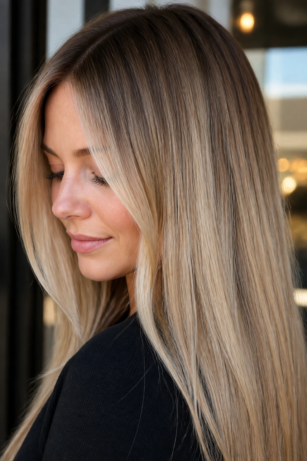 Close-up of a woman with iced tea blonde on straight hair