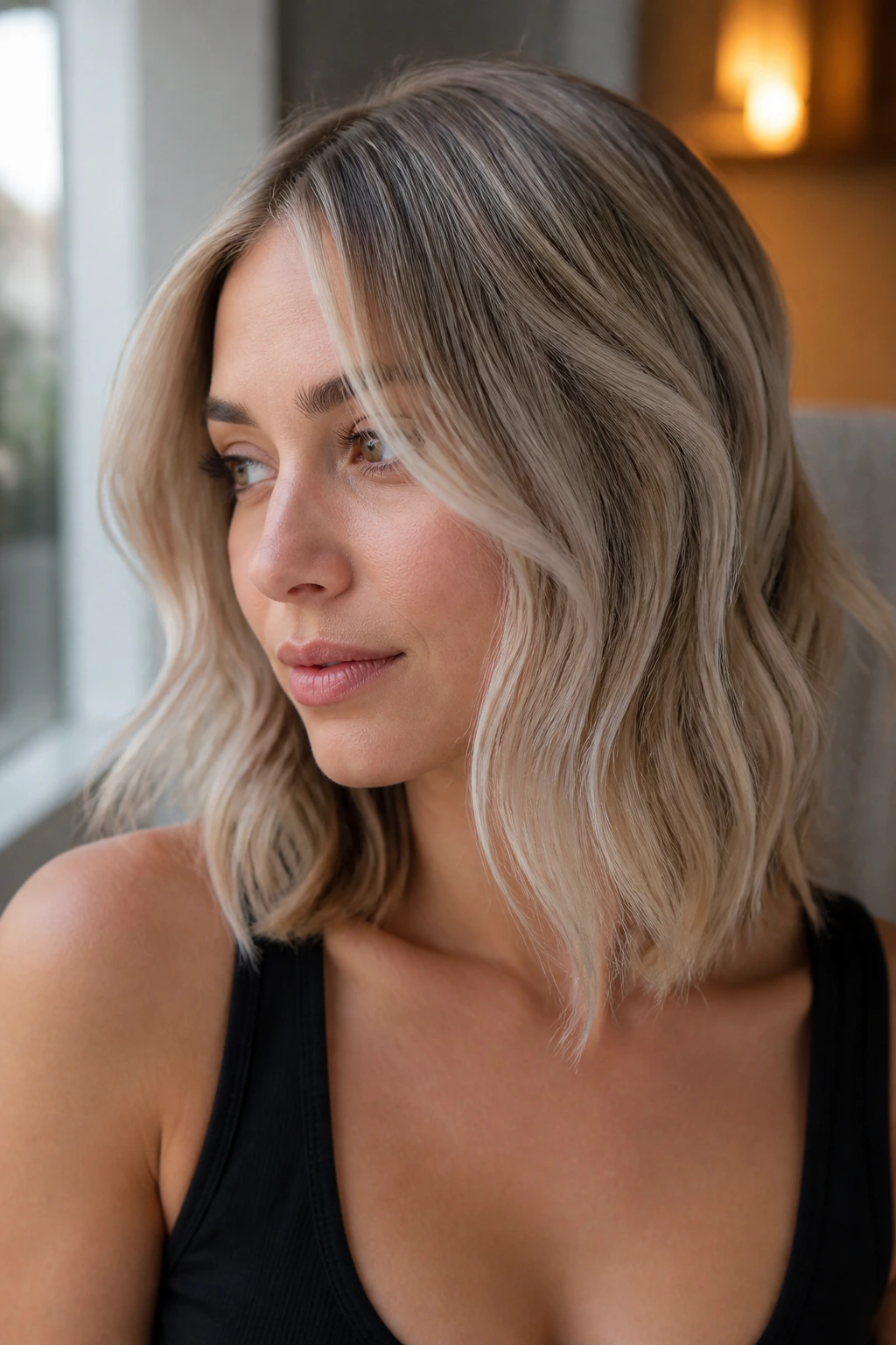 Close-up of a real woman's icy beige balayage on shoulder-length hair