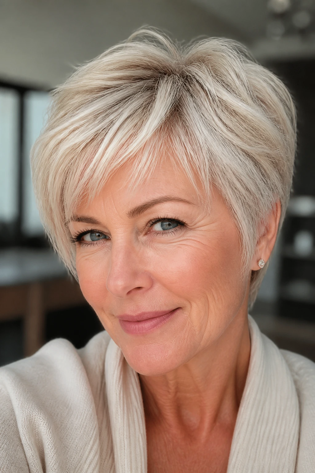 Woman with icy beige blonde hair in bright soft lighting