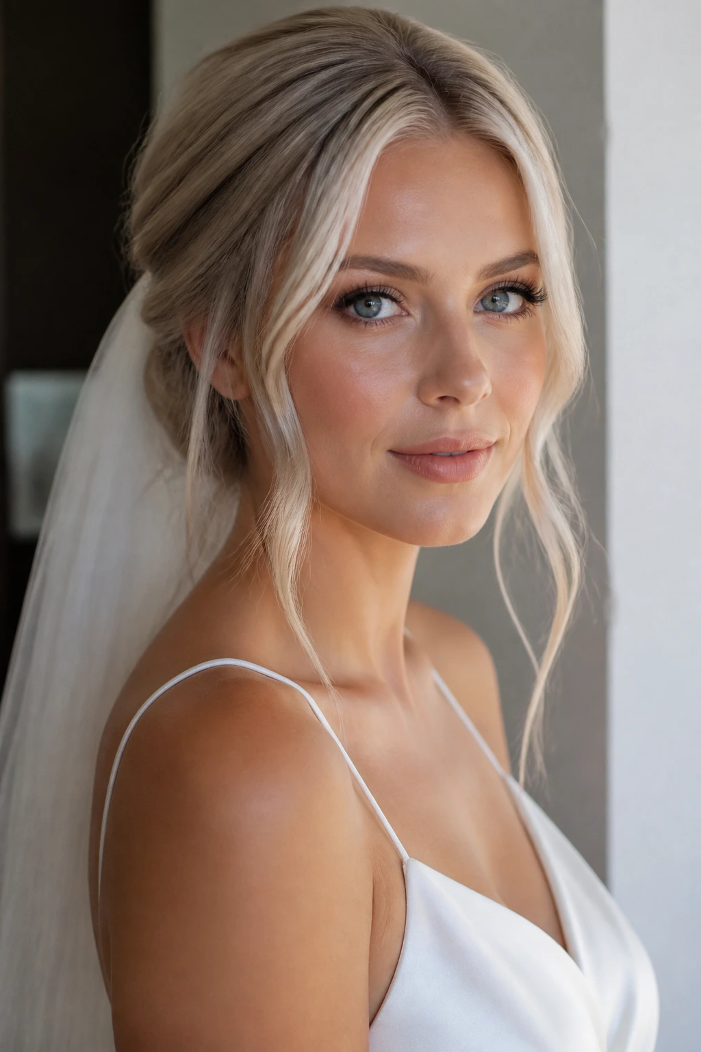 Bride with icy beige blonde hair and glossy finish.