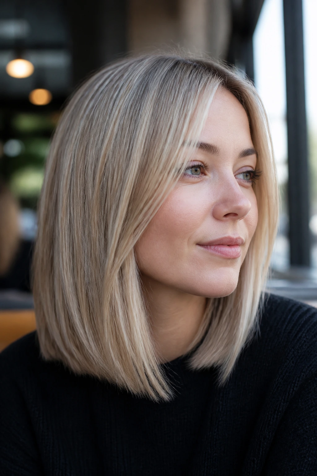 Close-up portrait of a real woman with icy beige blonde on fine hair