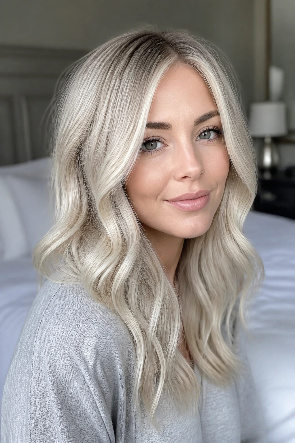 Close-up portrait of a real person with icy beige blonde hair in soft window light.