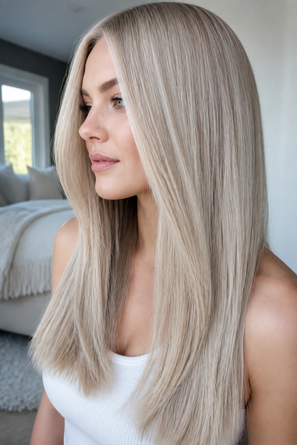 Close-up of straight hair in icy beige blonde on a real person