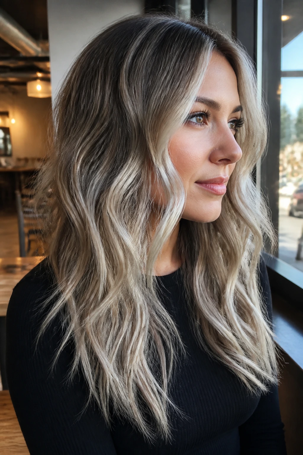 Close-up of icy beige bronde on wavy hair in a cafe setting