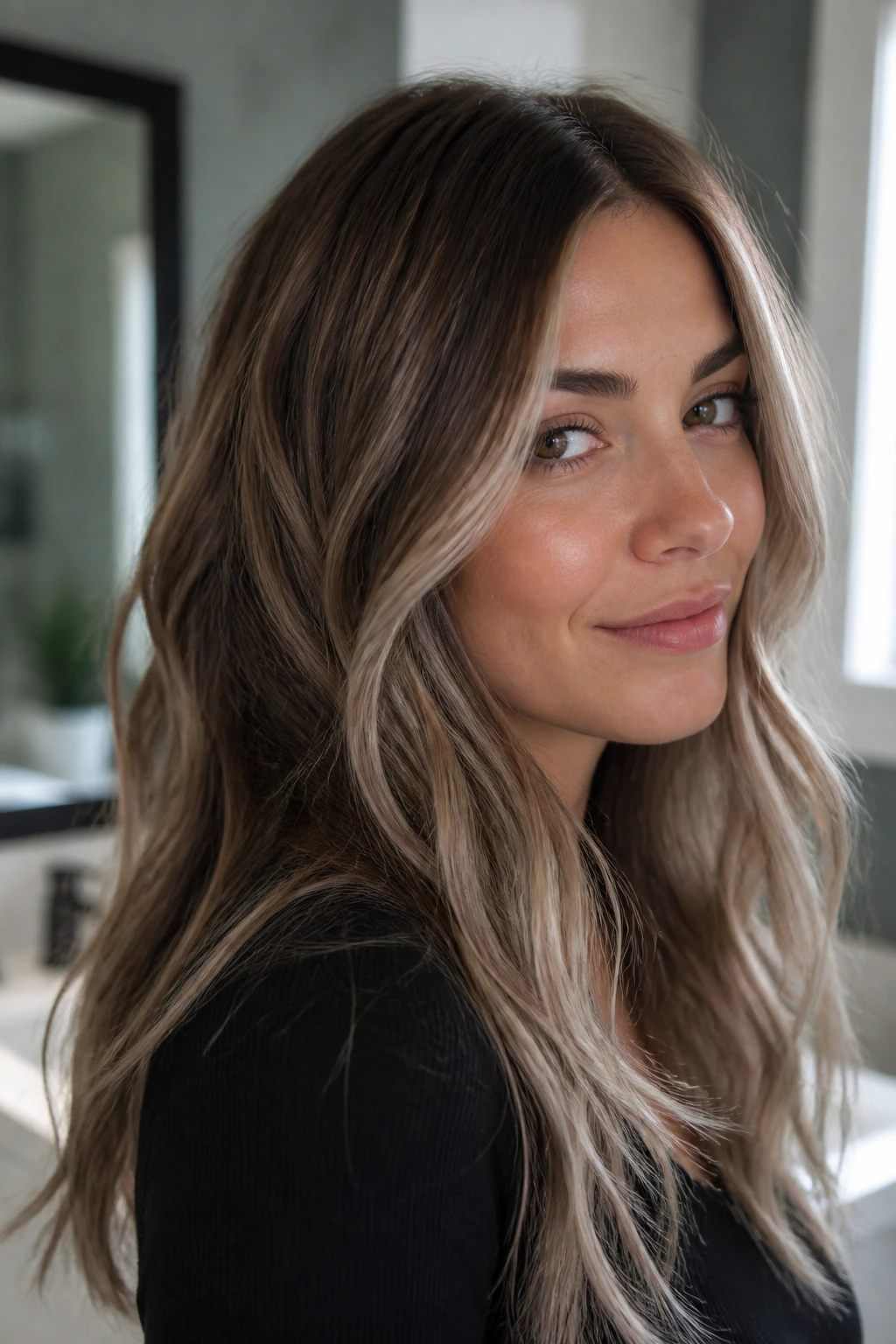 Portrait of a real woman with icy beige brunette highlights in a cool-toned bathroom light