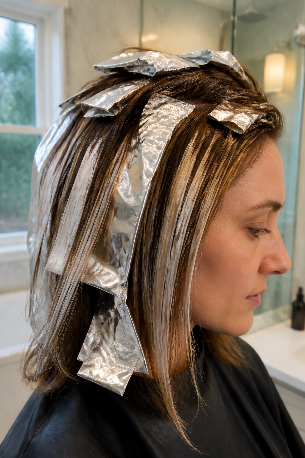 Light brown hair with icy beige foils close-up