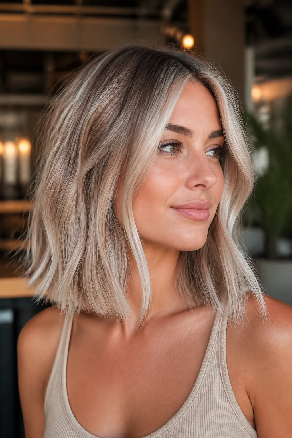 Portrait of a real woman with icy beige lob balayage in cafe setting.