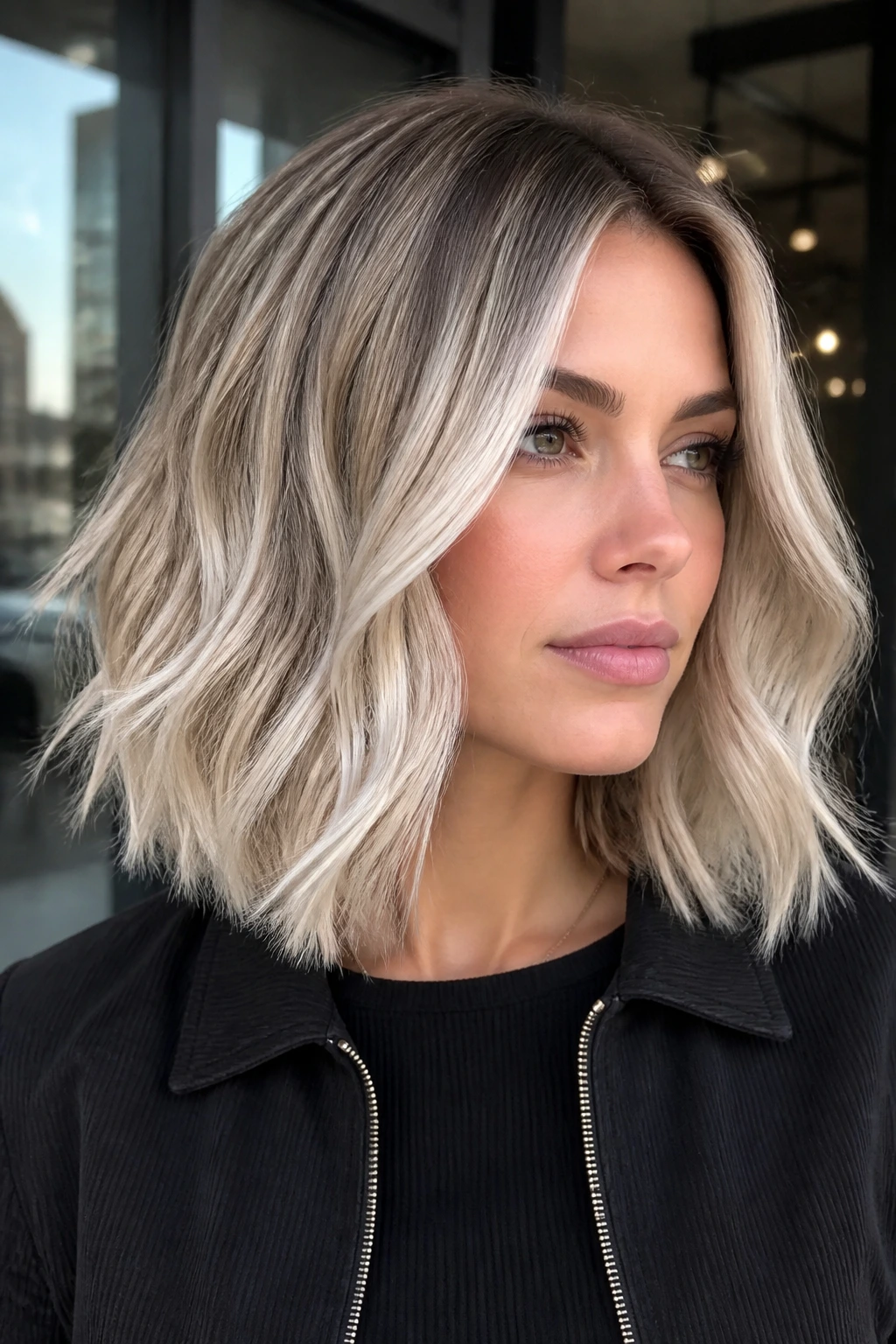 Close-up of a real woman with icy beige balayage on a lob