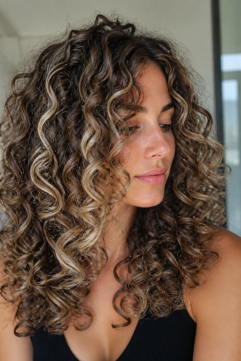 Close-up of a real woman with curly hair showing icy beige ribbons