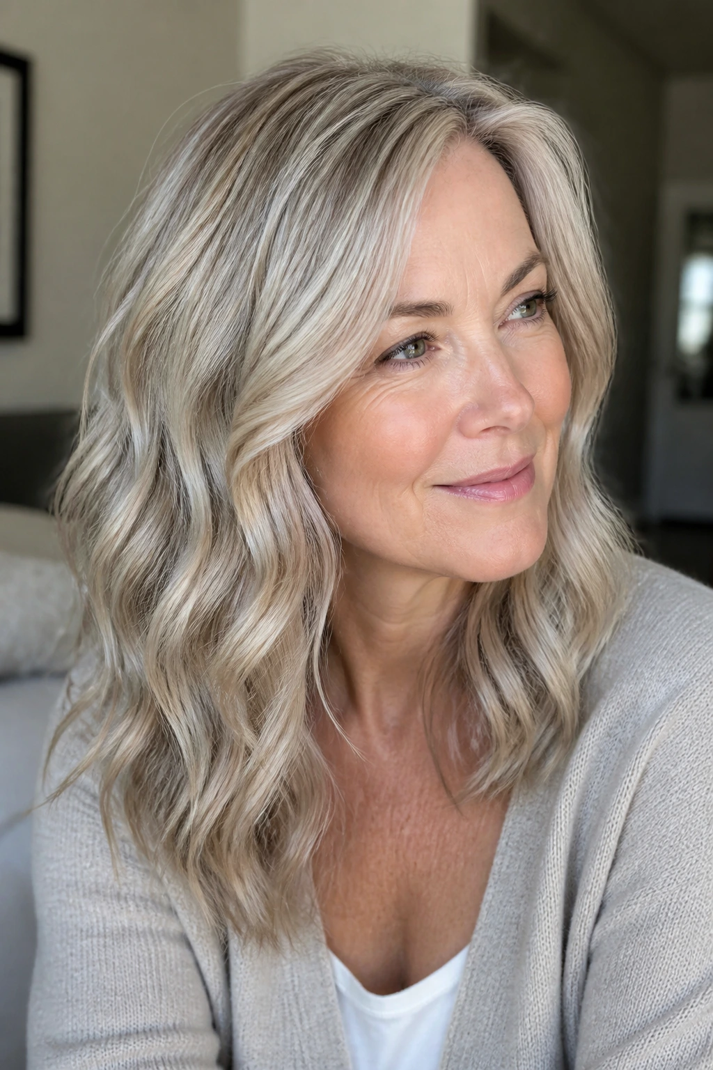 Portrait of a woman with icy beige waves in soft lighting